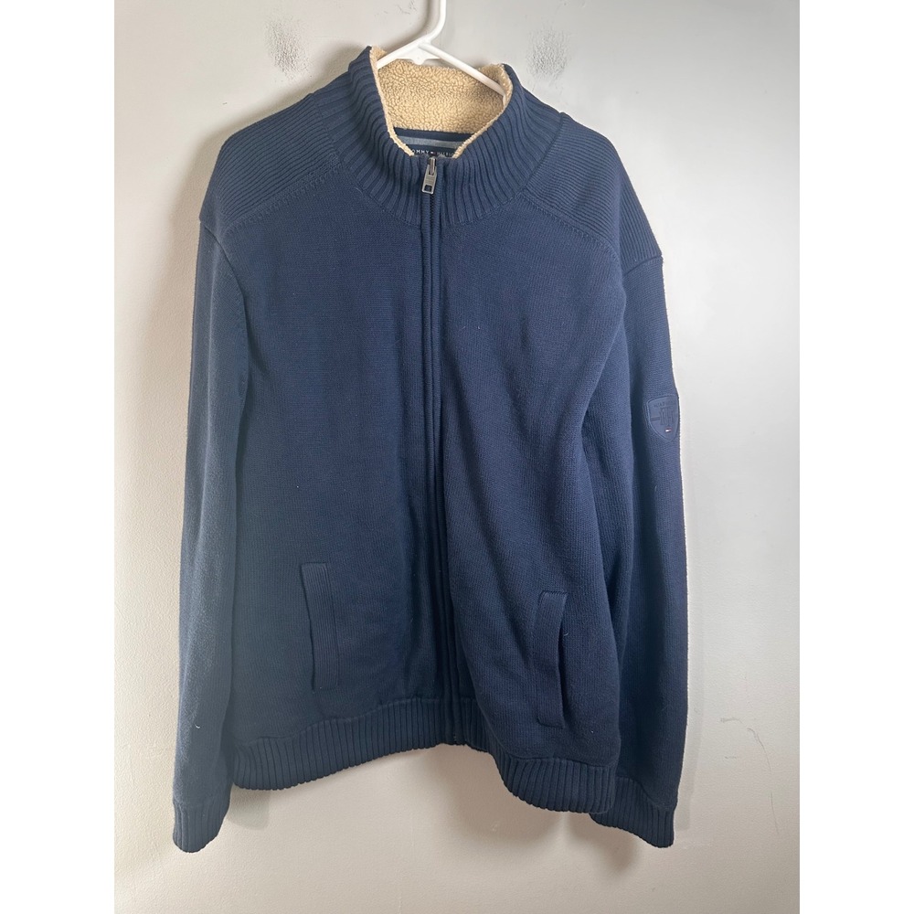 Tommy Hilfiger Mens XXL Navy Blue Sherpa Lined Full Zip Mock Neck Sweater Jacket